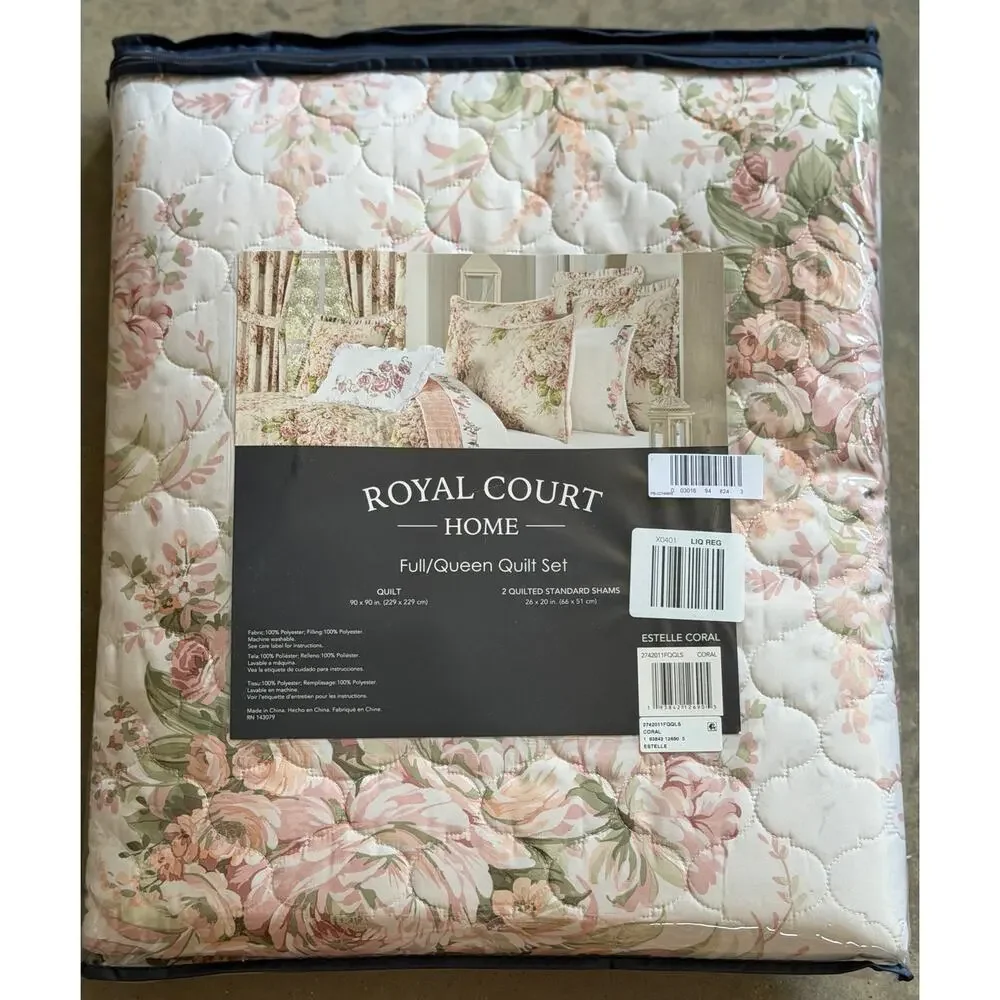 NEW! Full/Queen Royal Court Estelle Floral Quilt Set Coral